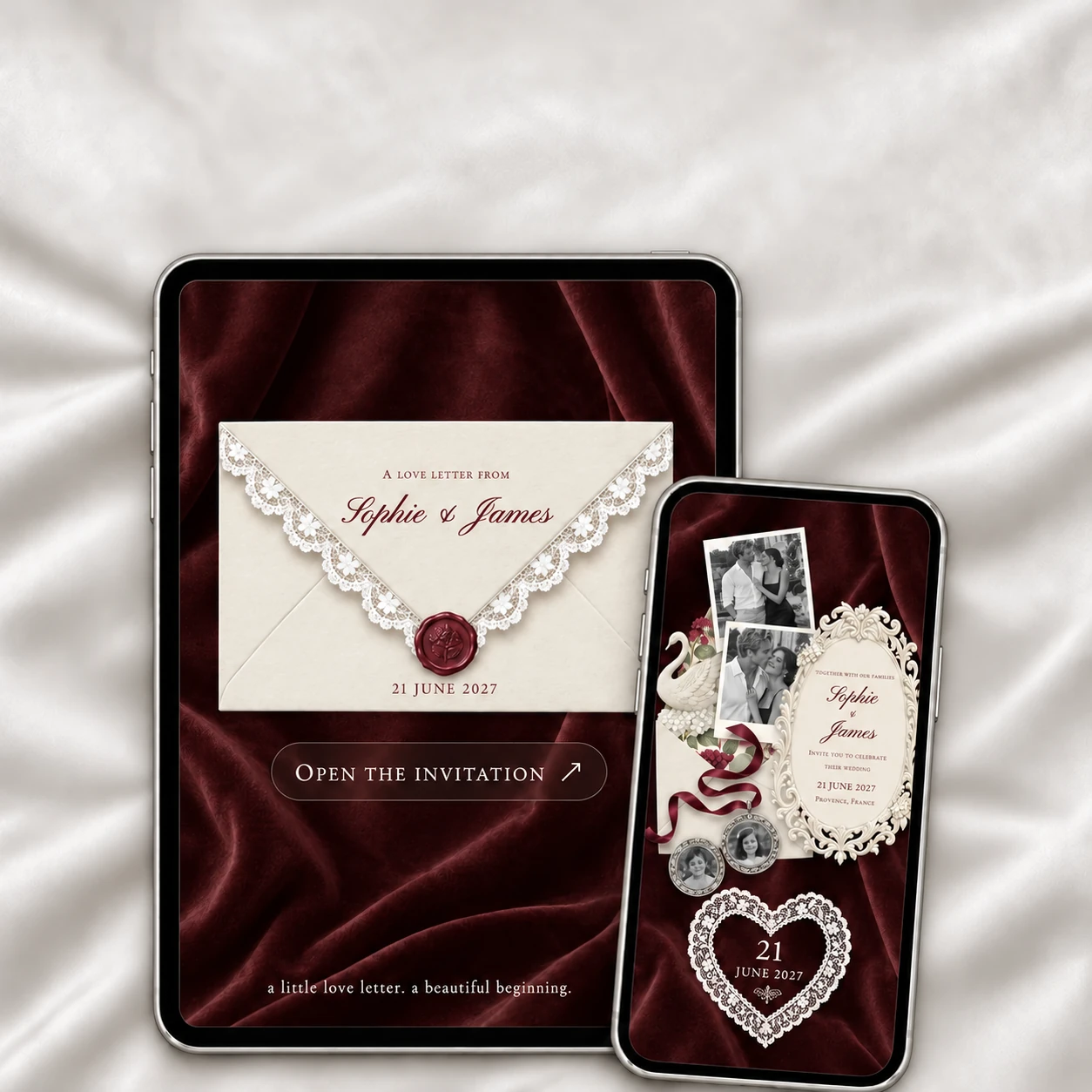 Burgundy Wedding Website shown on a tablet and phone on ivory fabric