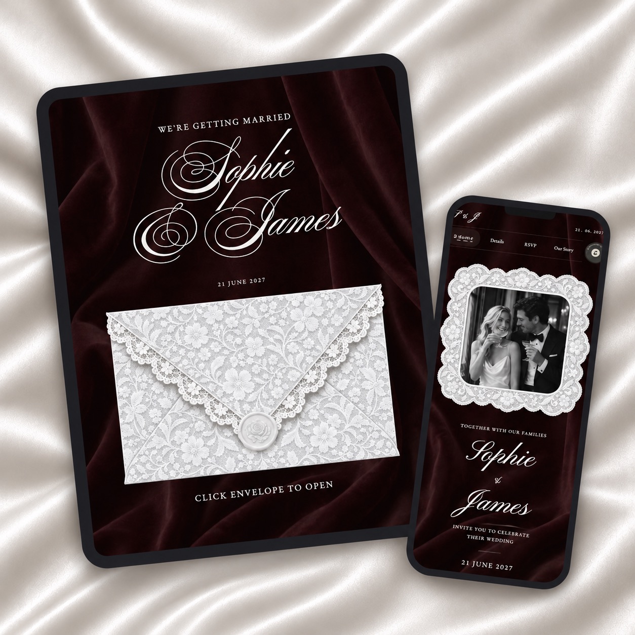 Dark Burgundy wedding website on a tablet and phone, with a cool white lace envelope and couple portrait on dark velvet