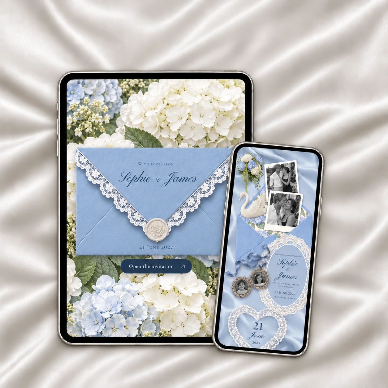 Dusty Blue hydrangea wedding website on a tablet and phone, with a blue lace envelope, ivory wax seal and navy invitation lettering on pearl-blue silk