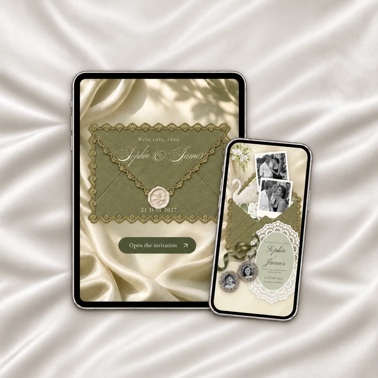 Olive Green wedding website shown on a tablet and phone on ivory fabric, with an olive lace envelope and sage invitation