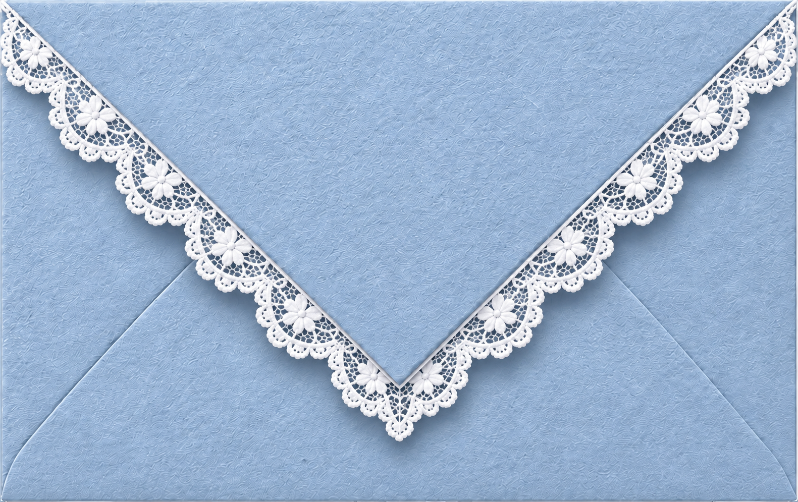 Dusty blue textured paper envelope with white scalloped lace trim