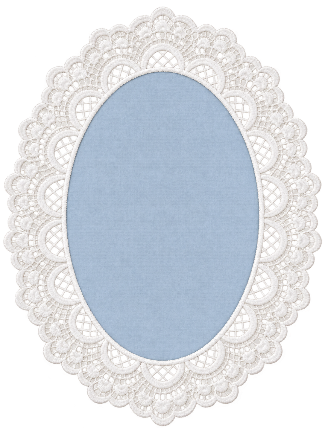Dusty blue oval invitation framed in white embroidered lace