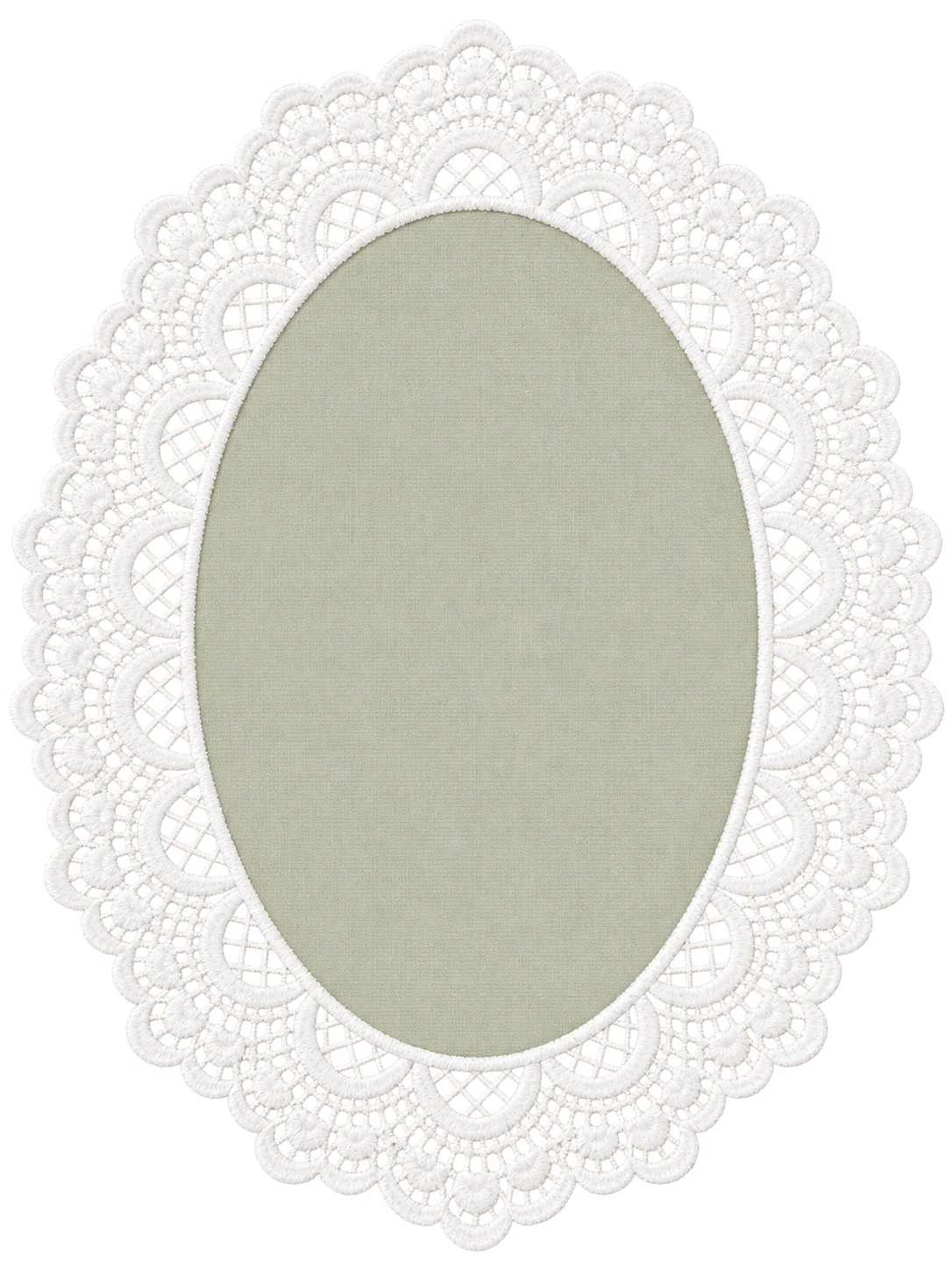 Sage oval invitation framed in white embroidered lace