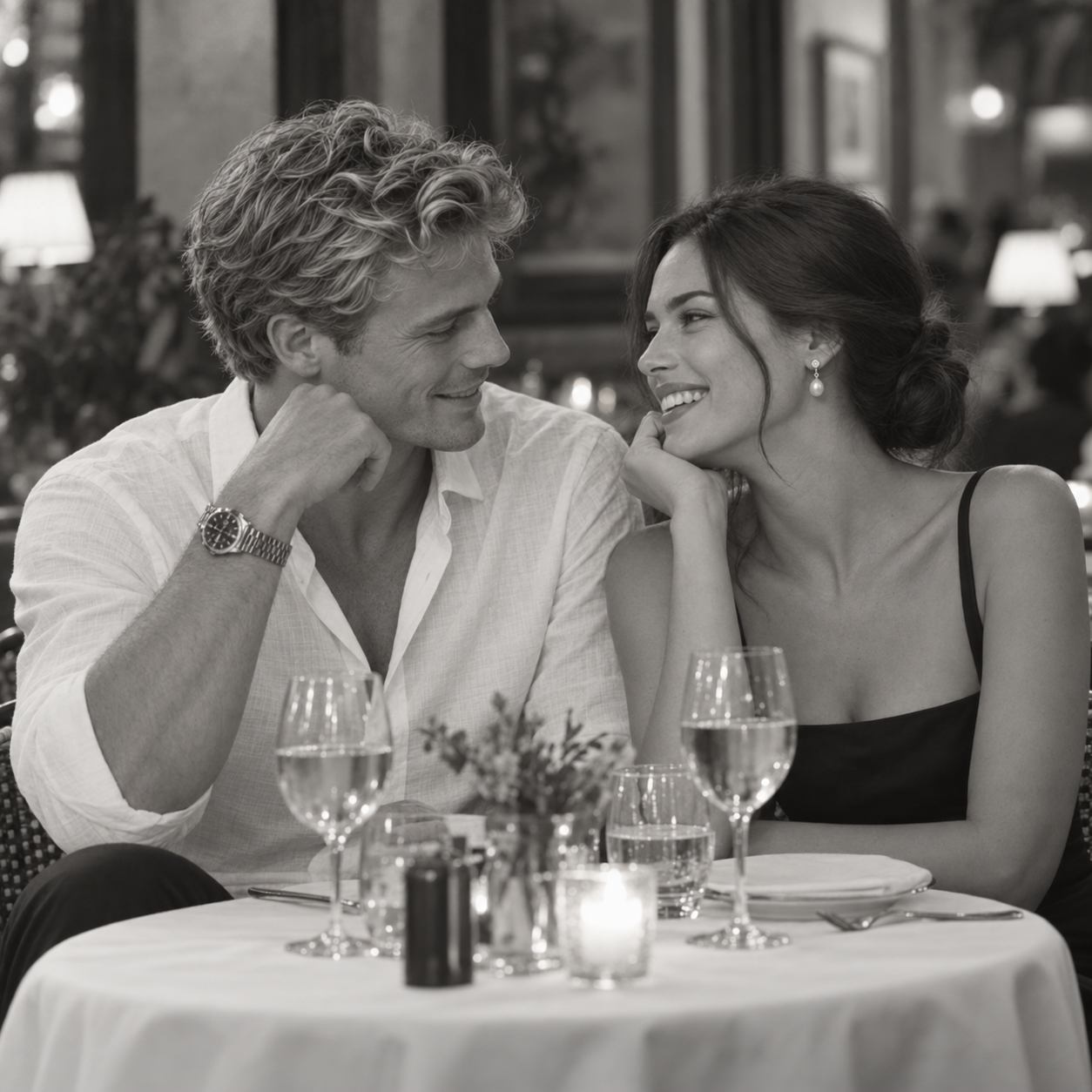 Sophie and James laughing together at a restaurant table